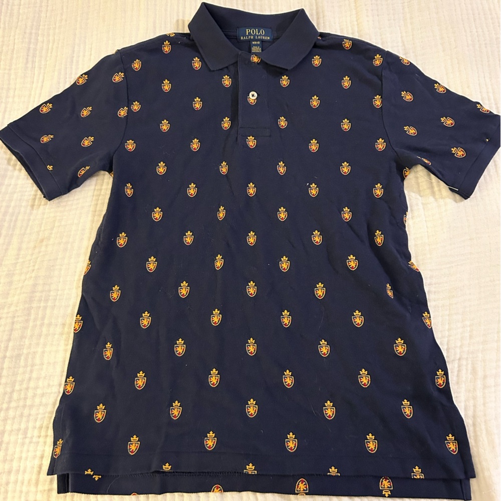 Polo Ralph Lauren All over crest Navy Pique Polo Big Boys size M (10-12)